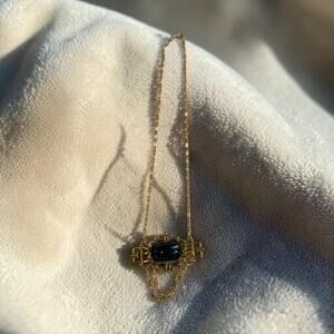 1928 Jewelry Co Blue Glass Cabochon Necklace Gold Tone Art Deco Revival 20”